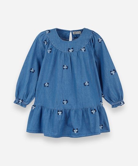 vestido infantil jeans manga longa com babado e bordado floral azul 10