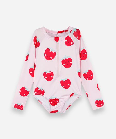 maiô infantil manga longa com zíper morangos rosa 6