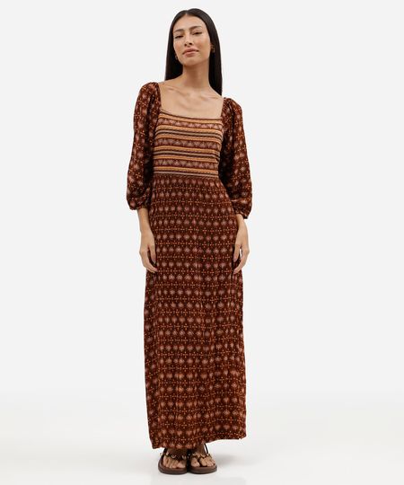 vestido longo feminino de viscose manga bufante étnico marrom PP