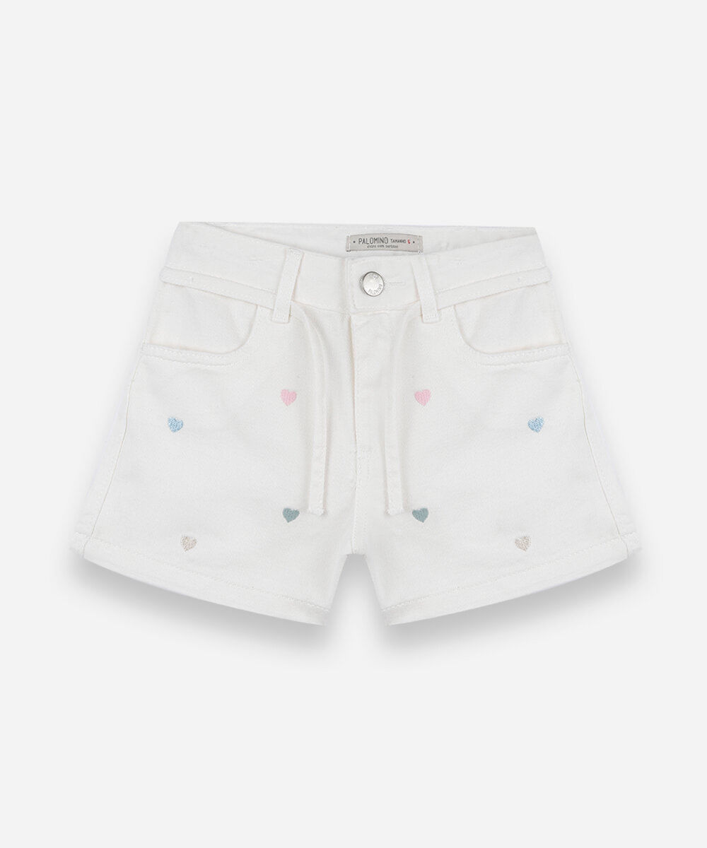 short infantil de sarja com cordão bordado corações off white