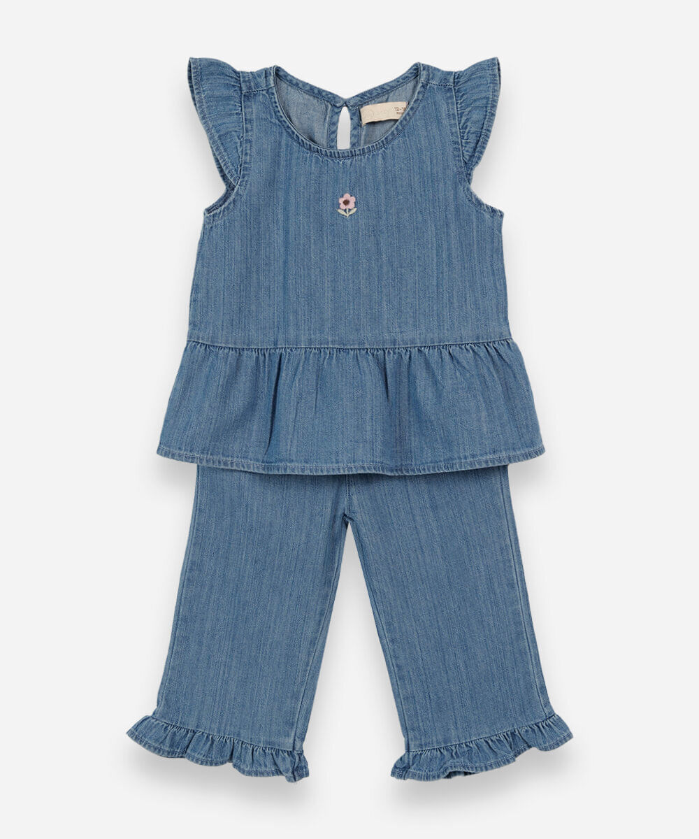 conjunto longo infantil jeans com bordado azul