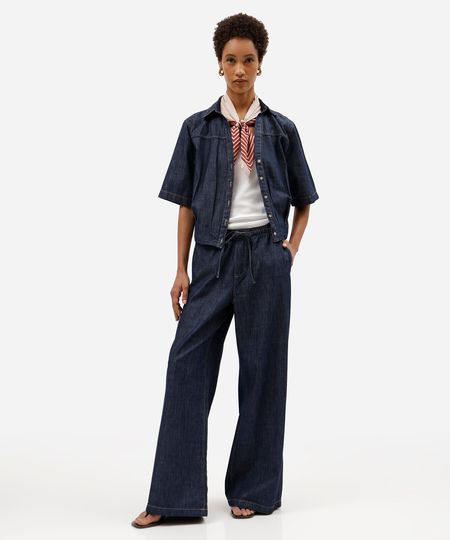 calça estilo pijama feminina jeans cós elástico azul 44