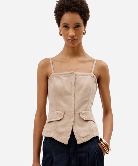 blusa alça fina feminina de sarja texturizada bege PP