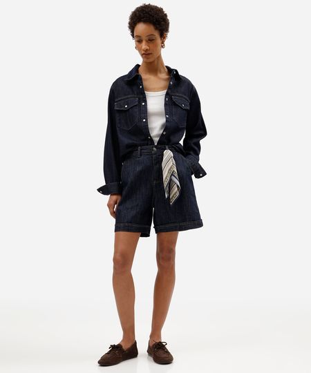 bermuda feminina jeans cintura alta com lenço azul 34