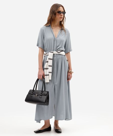vestido midi chemise feminino de viscose manga curta com lastex azul M