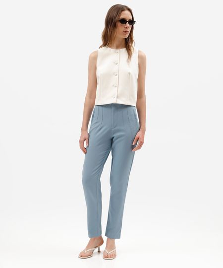 calça de alfaiataria reta feminina com pences azul 42