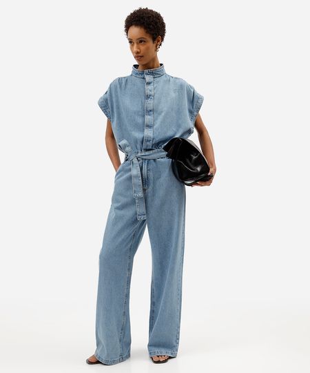 macacão feminino jeans  manga curta azul PP