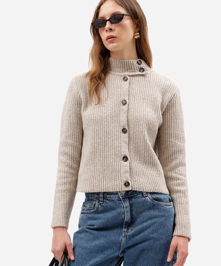 casaco feminino de tricot gola alta canelado bege G