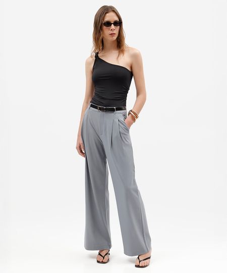 calça de alfaiataria wide leg feminina com pregas cinza 40