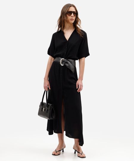 vestido midi chemise feminino de viscose manga curta com lastex preto P