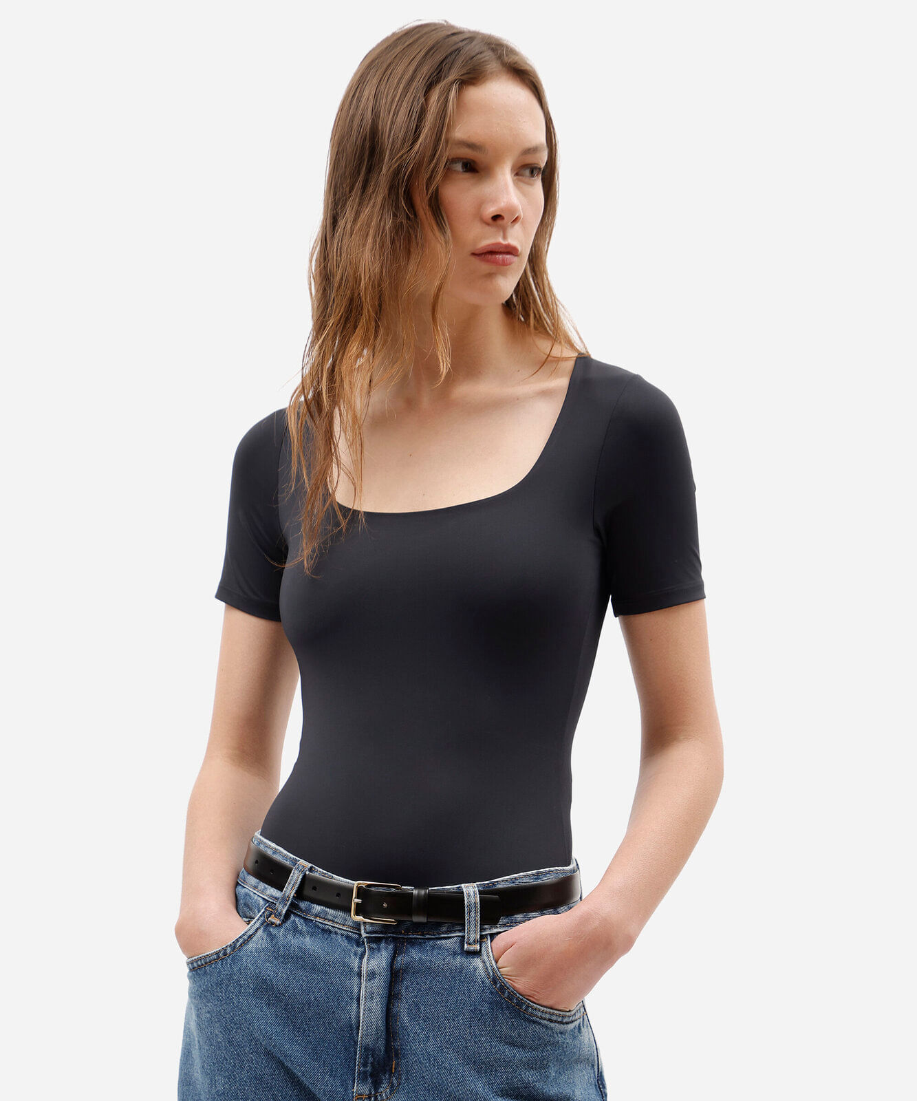 body feminino de poliamida decote quadrado manga curta preto
