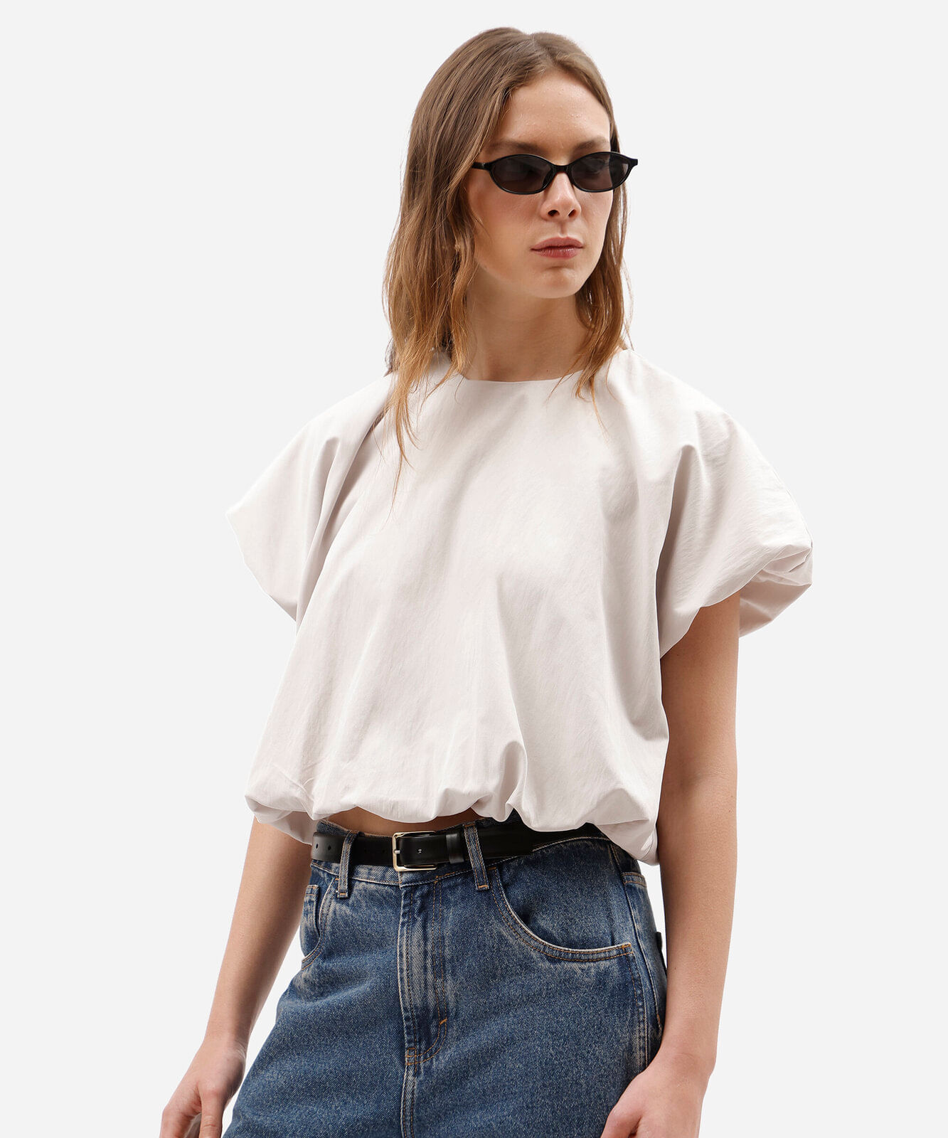 blusa balonê feminina com poliamida manga curta bege