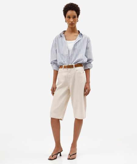 bermuda jorts feminina de sarja com cinto cintura alta bege 36