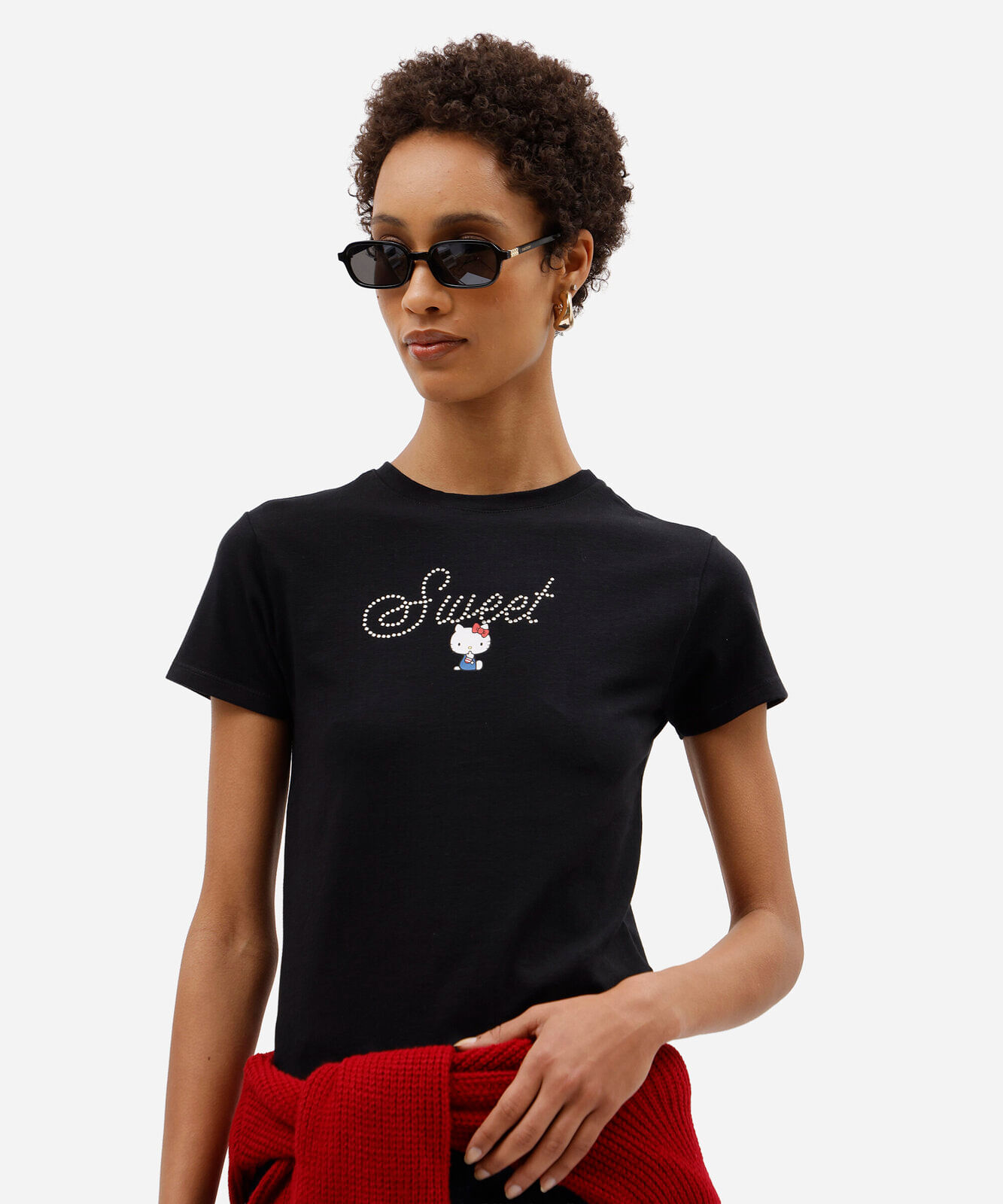 blusa baby look feminina de algodão manga curta hello kitty com brilhos preta