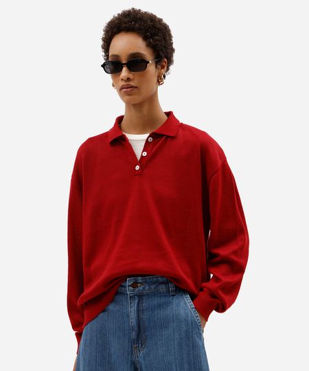 suéter feminino de tricot com gola vermelho G