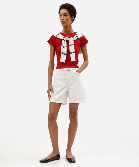 short feminino de sarja com cinto cintura alta texturizado off white 36