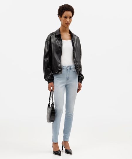 calça skinny feminina jeans cintura alta com fendas azul 42