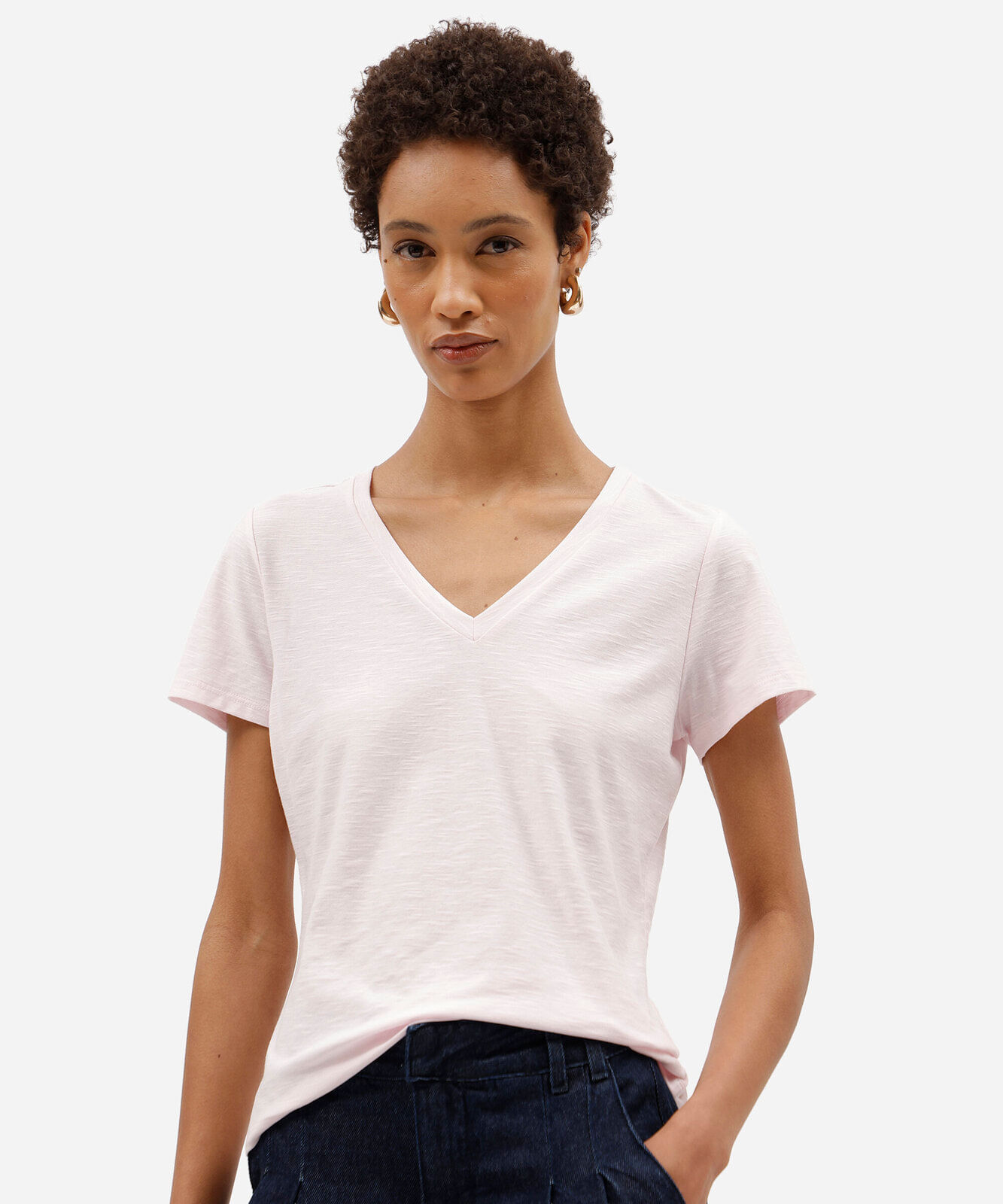 blusa básica feminina de algodão peruano manga curta decote v rosa