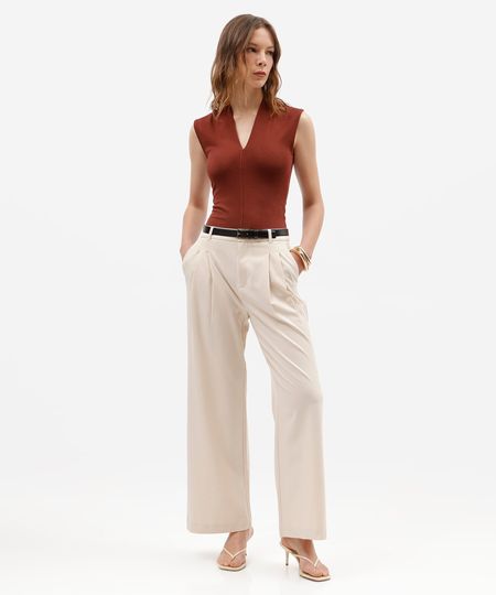 calça de alfaiataria wide leg feminina com pregas bege 46