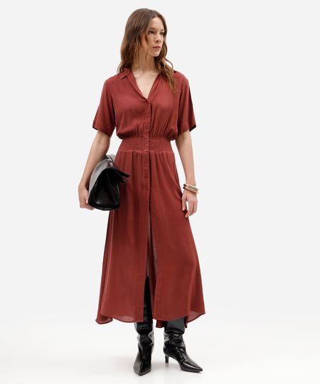 vestido midi chemise feminino de viscose manga curta com lastex vinho P