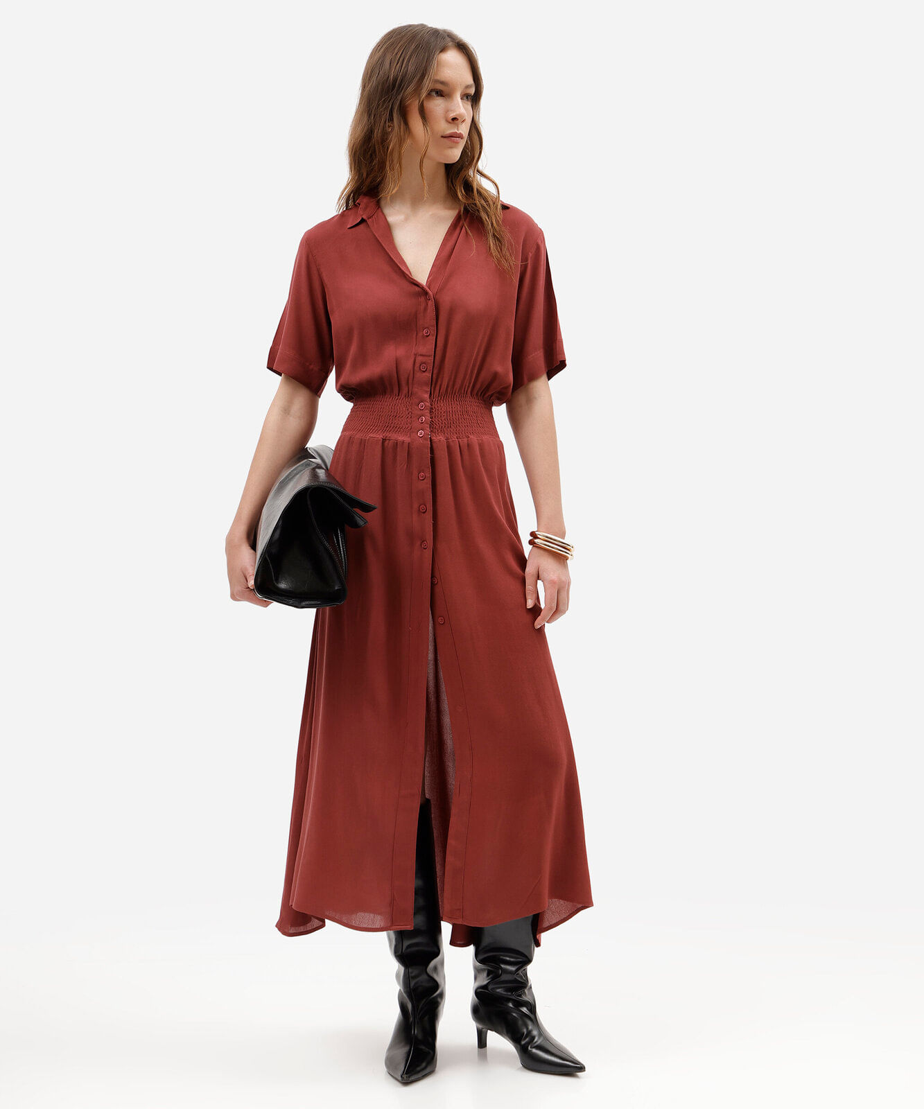 vestido midi chemise feminino de viscose manga curta com lastex vinho