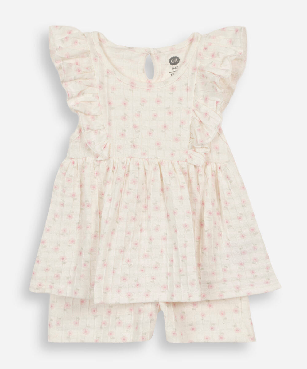 conjunto curto infantil de algodão com babados floral off white