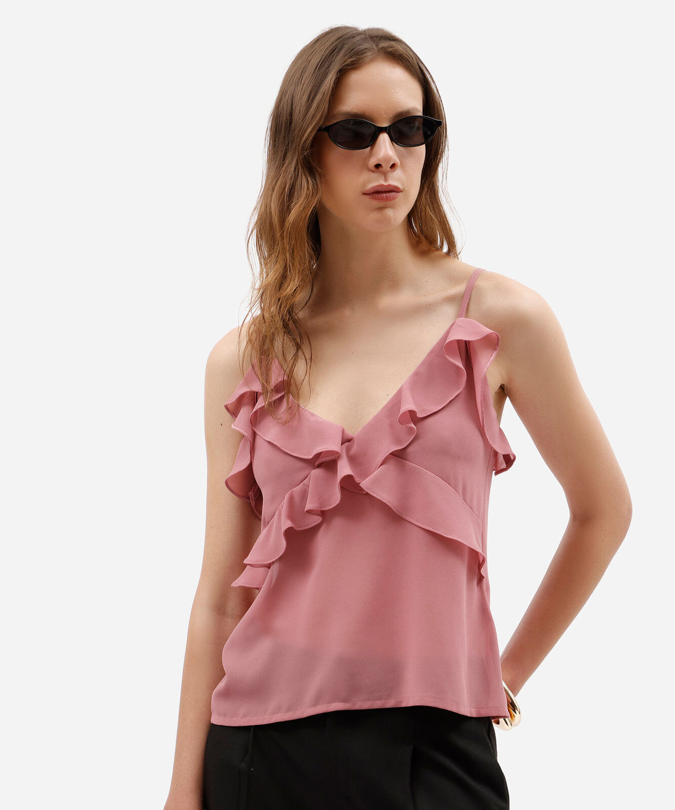 regata feminina alça fina com babados rosa
