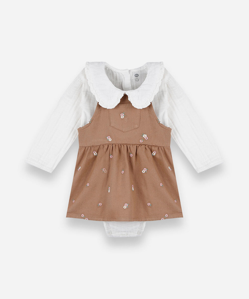 conjunto curto infantil de algodão com bordado floral marrom