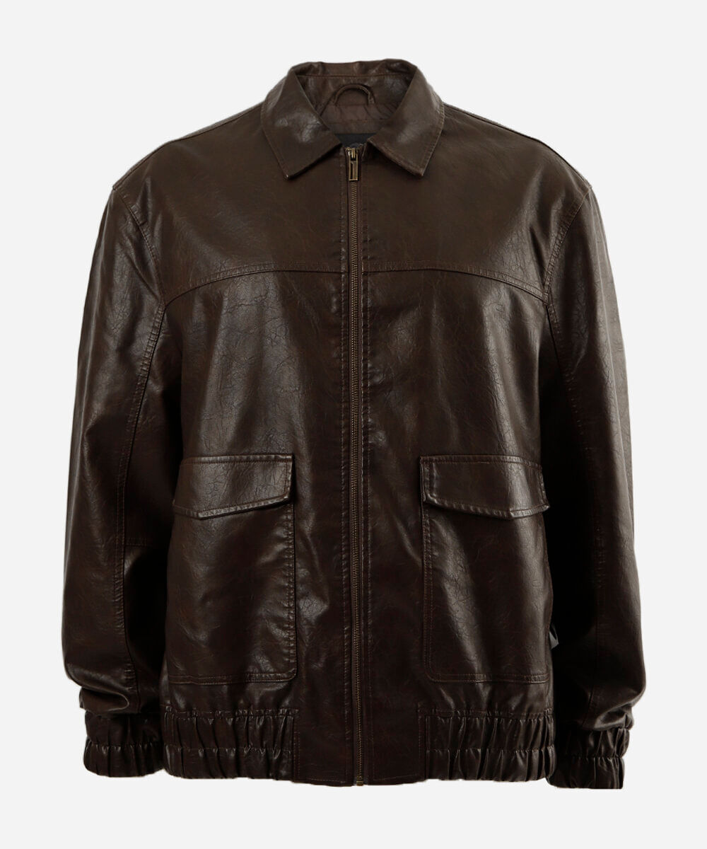 jaqueta bomber masculina de pu com bolsos plus size marrom