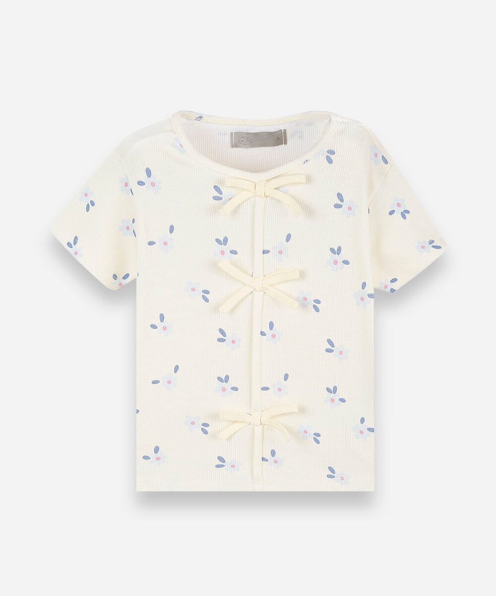 blusa infantil de algodão manga curta com laços floral amarela