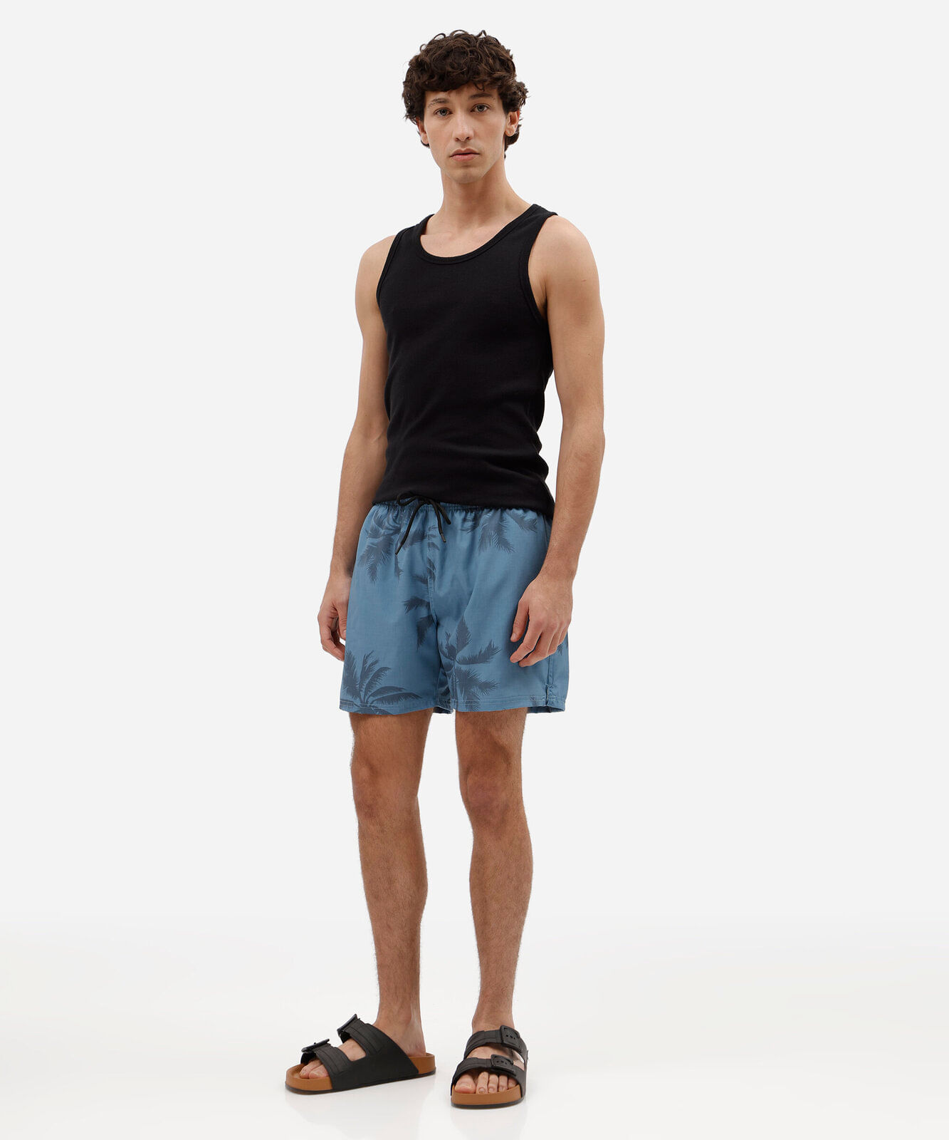 short masculino cós elástico coqueiros azul
