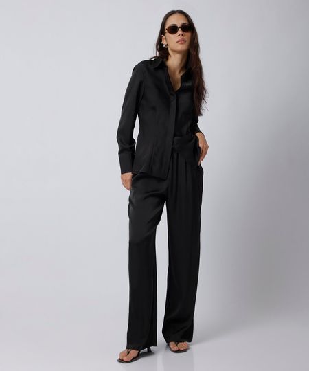 calça reta feminina cós elástico acetinada mindset preta G