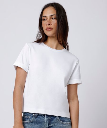 camiseta feminina de algodão peruano manga curta dobrada mindset branca P