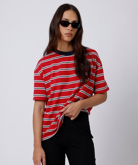 camiseta oversized feminina com algodão manga curta listrada mindset vermelha G