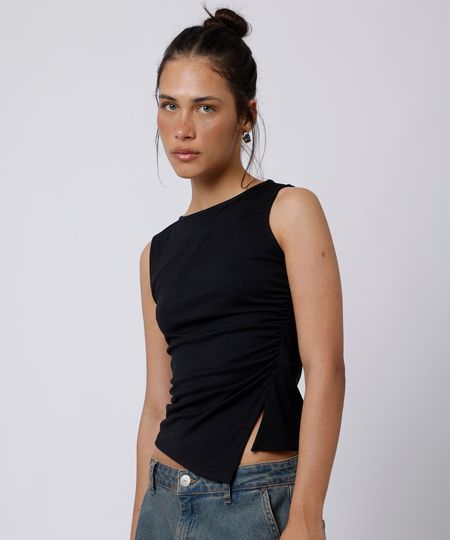 blusa feminina com viscose e fenda franzida mindset preta G