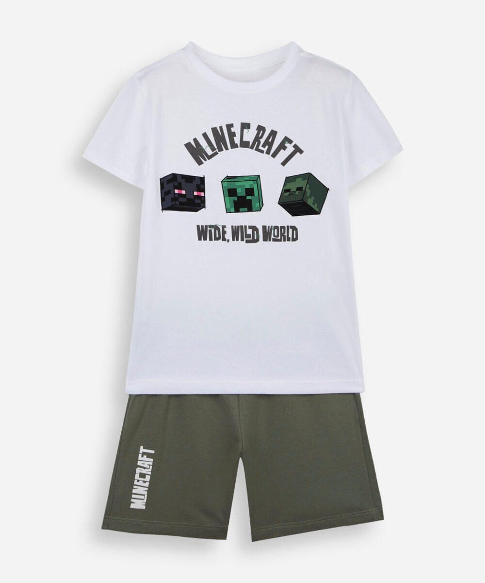 conjunto curto infantil de algodão minecraft off white