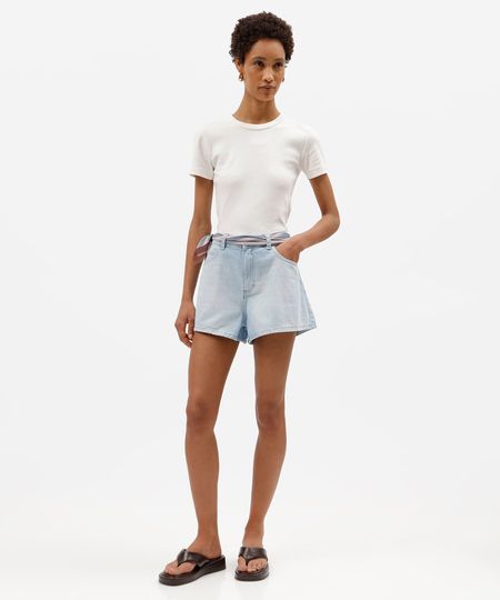 short feminino jeans cintura média com lenço azul 38