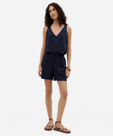 short feminino com linho e pregas cós elástico azul PP