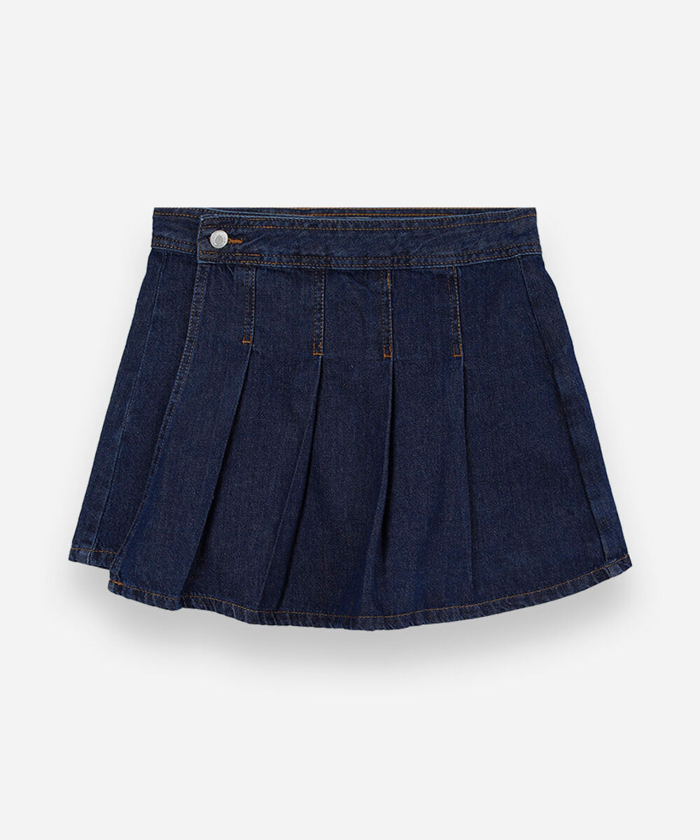 short saia juvenil jeans com pregas azul