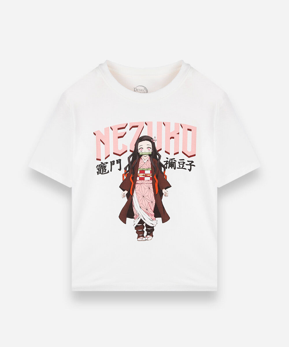 camiseta juvenil de algodão manga curta demon slayer off white