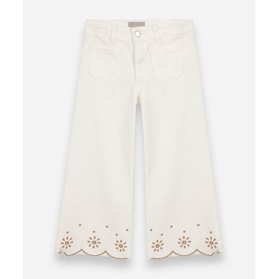 calça wide leg infantil de sarja com bordado off white