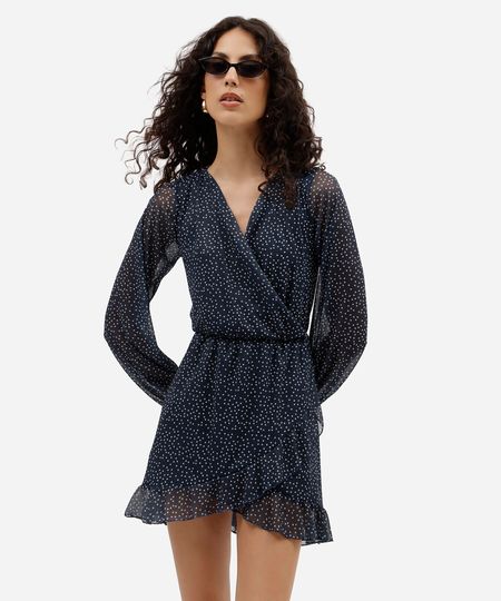 vestido curto feminino de tule decote v manga longa com babado poá azul PP