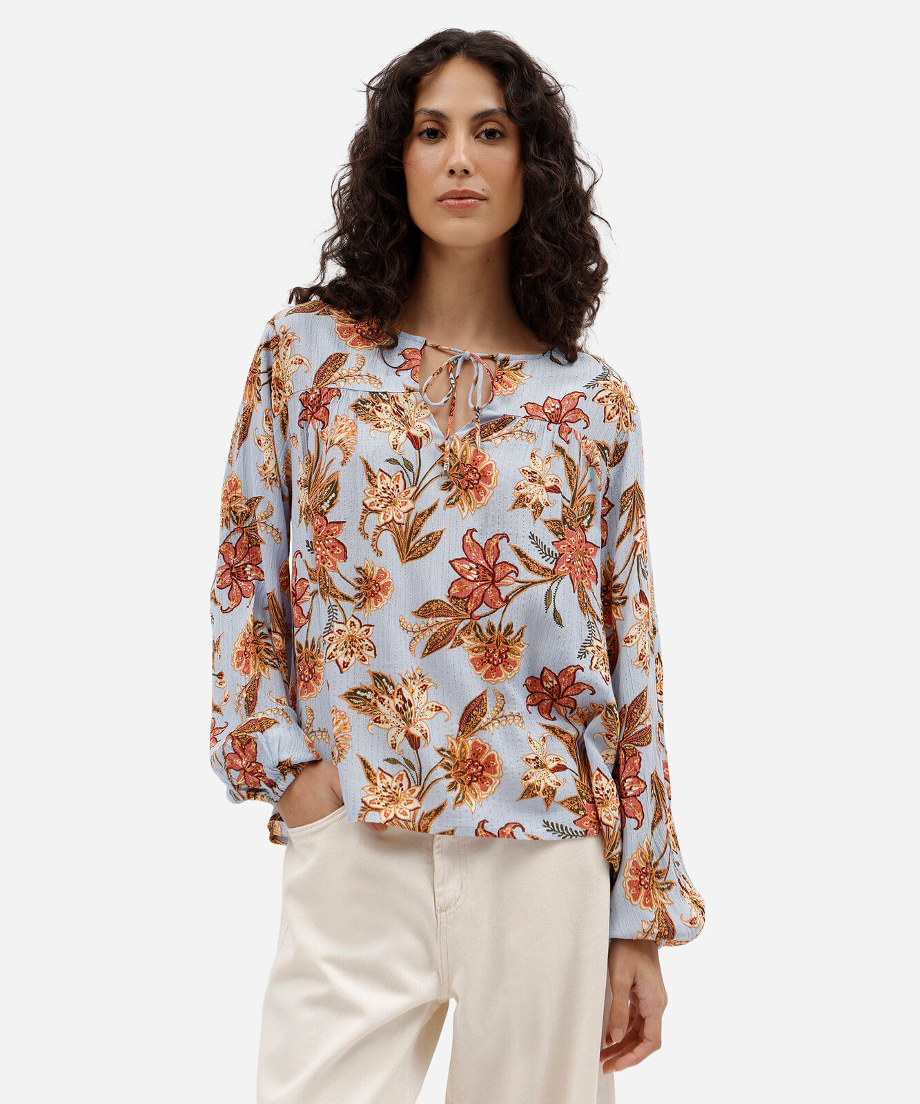 bata feminina de viscose com lurex floral azul