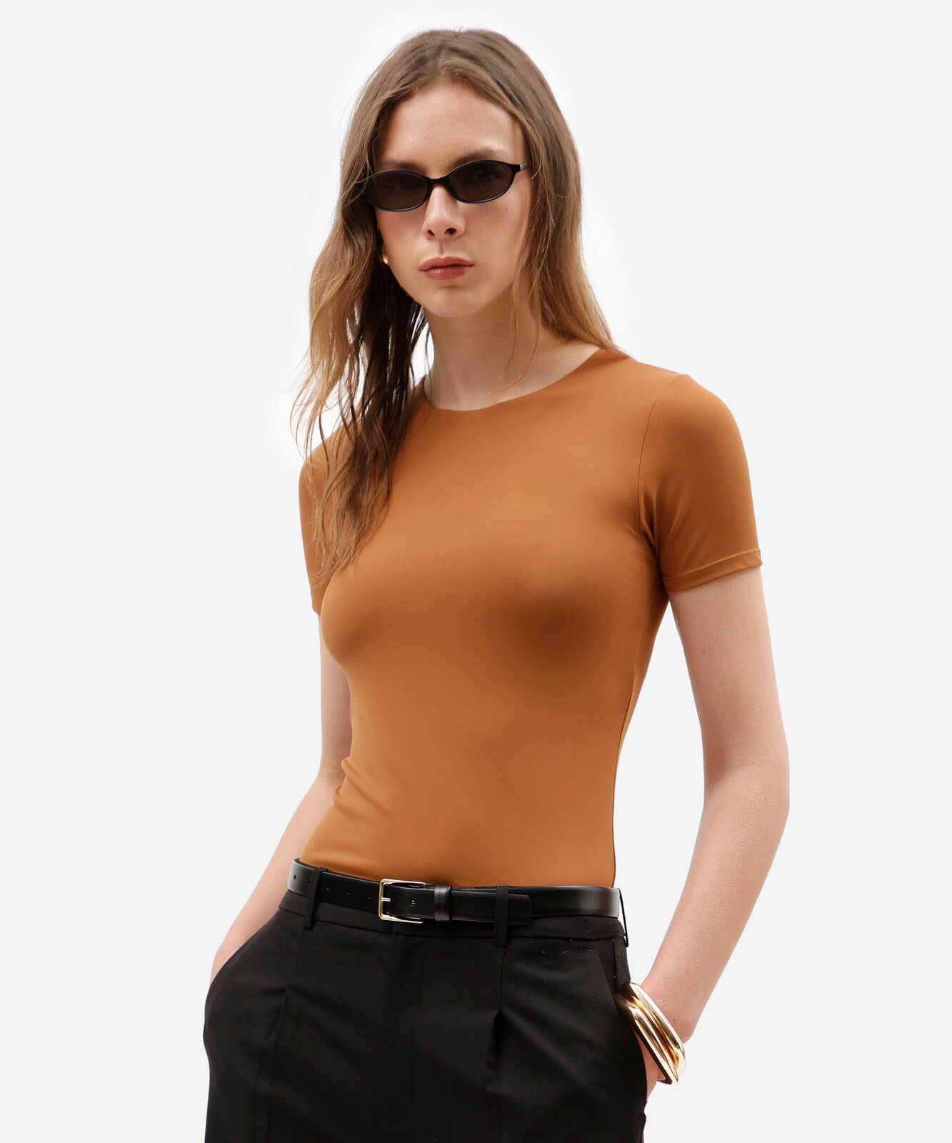 blusa feminina de poliamida manga curta laranja