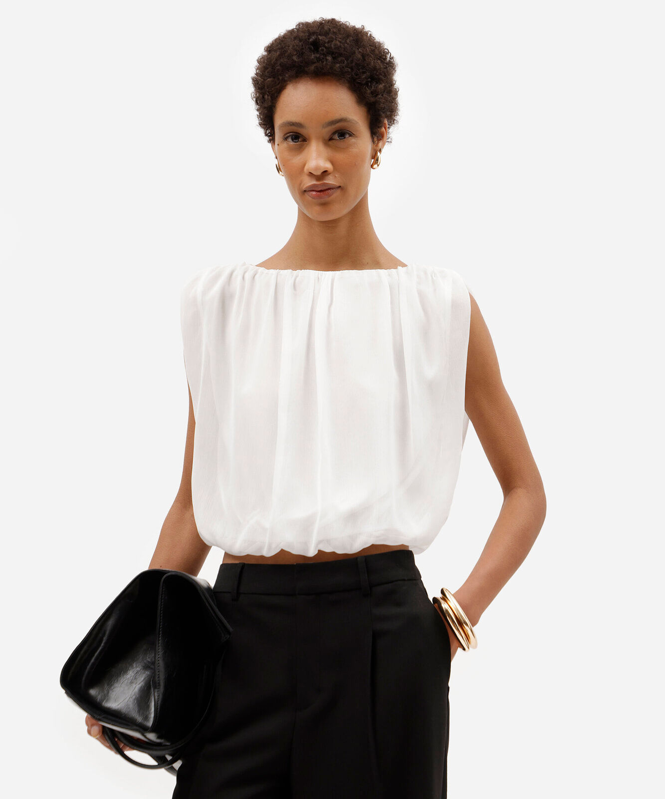 blusa balonê feminina decote canoa franzida off white