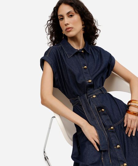vestido midi chemise feminino jeans manga curta com faixa azul G