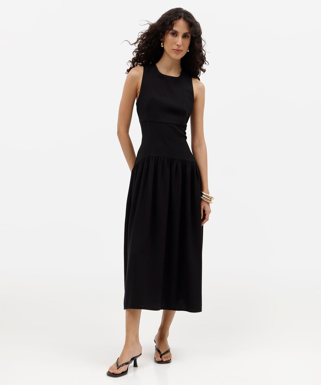 vestido midi feminino com viscose franzido preto