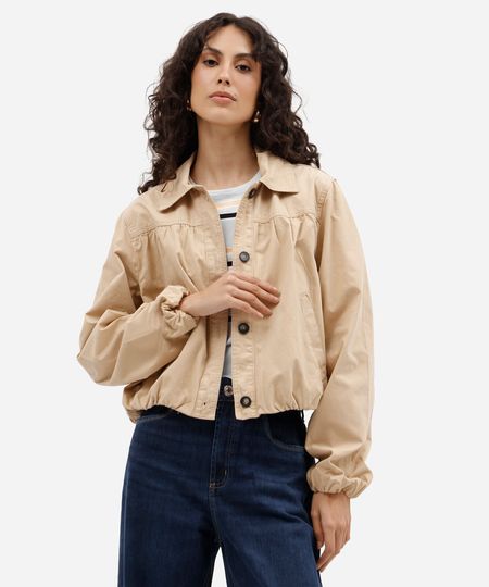 jaqueta cropped balonê feminina de sarja bege PP
