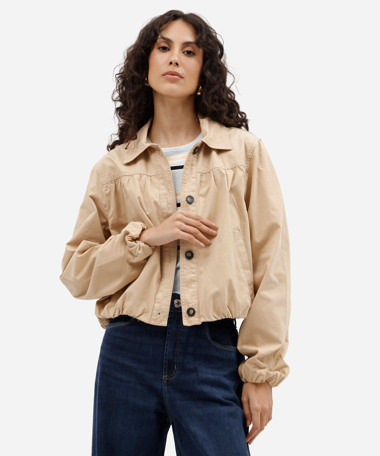 jaqueta cropped balonê feminina de sarja bege