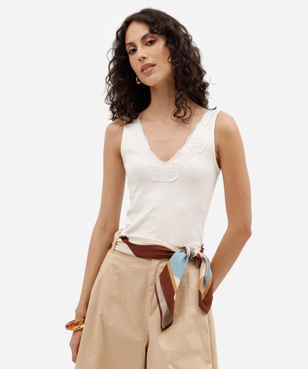 regata feminina de algodão devote v com renda off white P